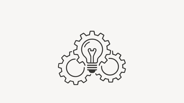 Minimalist Monochrome Thin Line Icon of Three Interlocking Gears with Central Lightbulb, Symbolizing Creative Innovation and Idea Implementation on Plain Off-White Background
