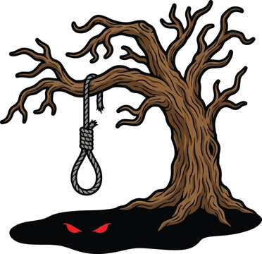 Spooky dead tree with noose hanging from branch, evil eyes in shadow,Generative Ai