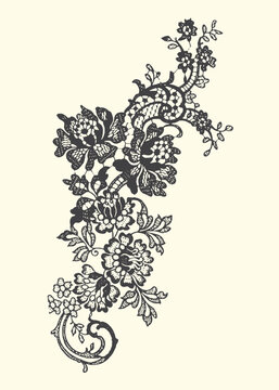 Black floral lace ornate design element with decorative embroidery scrapbook invitation filigree scrollwork botanical silhouette illustration intricate delicate sophisticated contrast