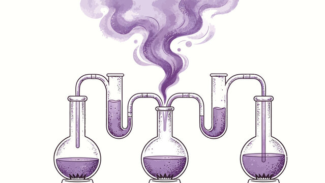 Hand-drawn stipple-style illustration of a symmetrical three-flask distillation apparatus, with rich purple chemical vapor rising from the central flask on a soft off-white background