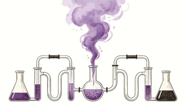 Watercolor Style Illustration of Symmetrical Connected Chemistry Lab Apparatus, Purple Bubbling Chemical Reaction With Rising Wispy Violet Fumes On Plain Off-White Background