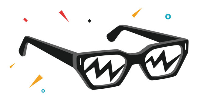 Pair of trendy thick black rimmed eyeglasses with a zigzag pattern on the lenses surrounded by colorful confetti like shapes.