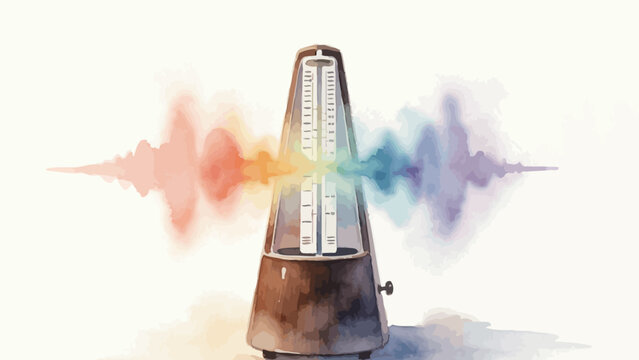 Delicate Watercolor Illustration of Vintage Wooden Metronome with Horizontal Rainbow Gradient Sound Wave, Ethereal Musical Rhythm Concept on Soft Off-White Background