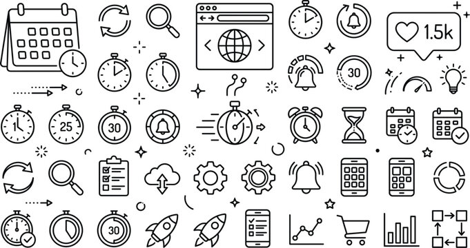 Time management and productivity line icon collection featuring scheduling analytics notifications and digital workflow concepts illustration