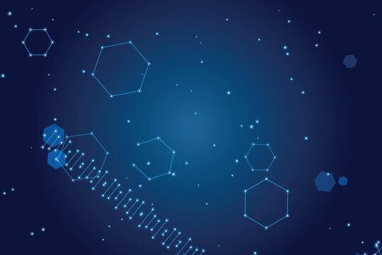 Abstract dna helix and hexagonal molecules on a dark blue gradient background, science