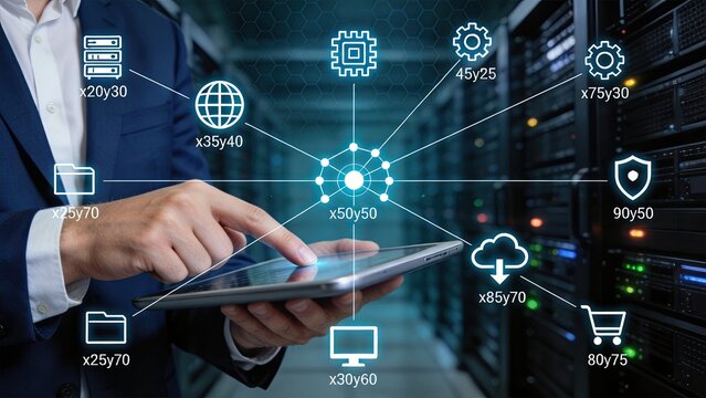 Server room data center with administrator using tablet, cloud computing network connection icons, database folder file storage, security shield gear settings, global web internet