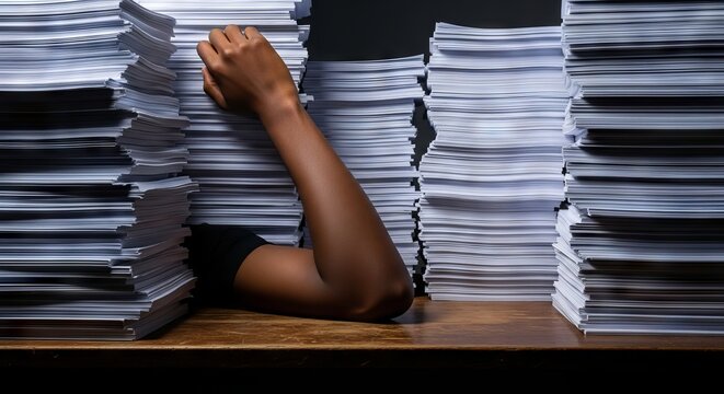 Towering stacks of white paper surround a dark-skinned arm slumped over a wooden desk, demonstrating the weight of corporate exhaustion, workspace, stress, work