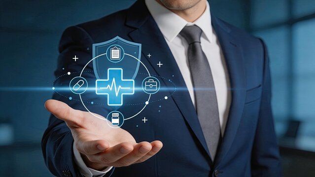 Healthcare protection shield icon held by businessman, medical insurance concept, patient safety guarantee, hospital security system, wellness program benefits, pharmaceutical