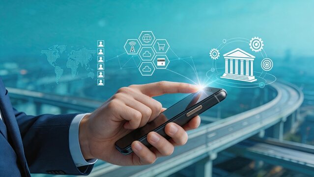 Hand using smartphone for mobile banking and fintech services, displaying global map, user profiles, cloud storage, shopping cart, credit card and bank building icons for finance.