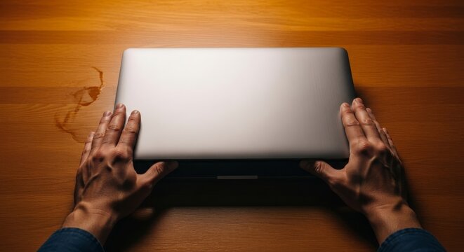 Hands closing a slim laptop on a wooden desk to signal the end of a long, stressful workday and relief from intense digital exhaustion, stress, shadow, offline