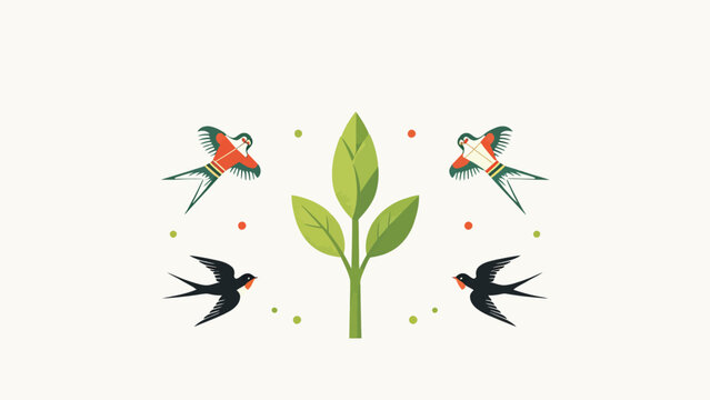Minimalist Symmetrical Spring Folk Art Illustration With Central Green Seedling, Barn Swallows And Stylized Swallow Kites On Soft Off-White Background