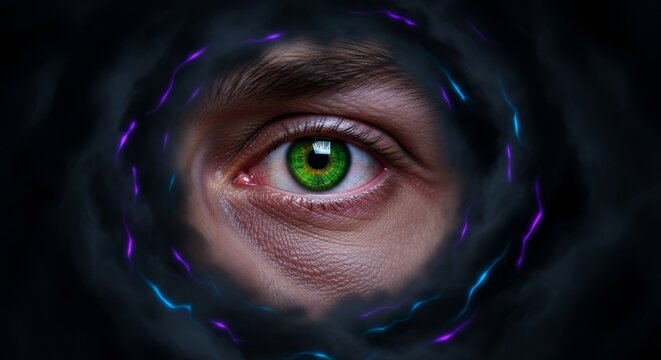Intense cinematic close up featuring a tired gaze surrounded by dense black fog and encroaching darkness reflecting internal mental strain, abstract, anxiety, struggle