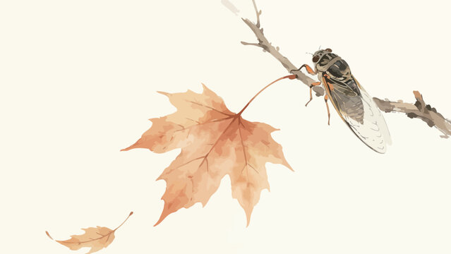 Delicate Watercolor Illustration of a Cicada Resting on a Bare Autumn Branch, With Falling Warm Orange Sycamore Leaves Against Soft Off-White Negative Space