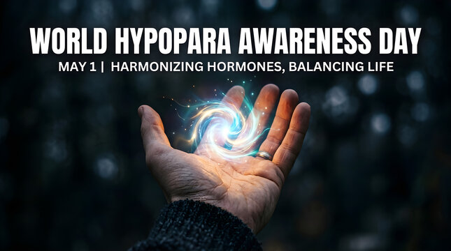 Hand holding glowing energy swirl with 'WORLD HYPOPARA AWARENESS DAY MAY 1 | HARMONIZING HORMONES, BALANCING LIFE' text
