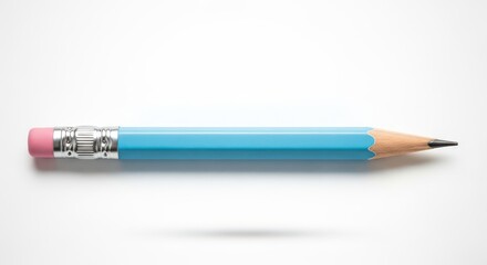 Fototapeta premium Single Blue Pencil with Pink Eraser Isolated on White Background - Minimalist Stationery and Office Supply Concept
