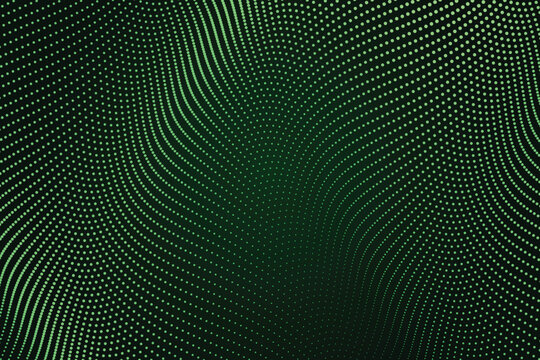 Flowing green dots on dark gradient background, abstract wave pattern