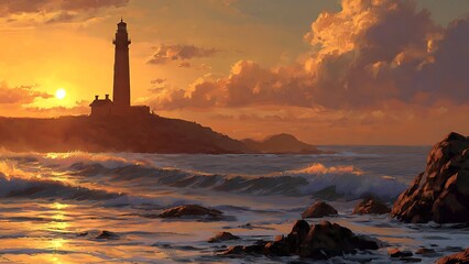 Fototapeta premium Lighthouse on rocky coastline at sunset.
