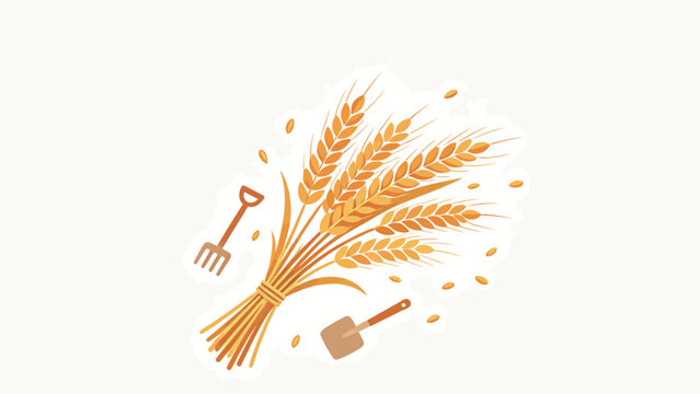 Minimal flat vector illustration of a tied golden wheat sheaf, scattered grain kernels, tiny garden fork and trowel, warm harvest agriculture theme on clean off-white background