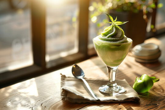 Elegant japanese matcha green tea float parfait on a wooden table in cozy cafe
