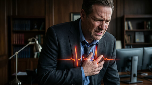 Stressed businessman clutching chest in pain with erratic EKG line overlaid, heart disease concept