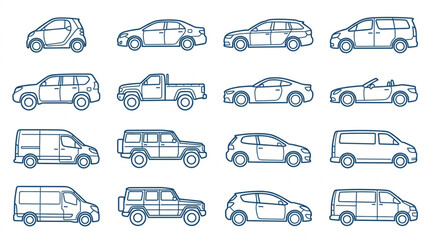 Collection of Diverse Vehicle Silhouettes and Line Drawings. © Sastro
