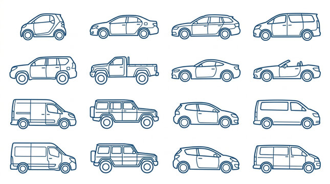 Collection of Diverse Vehicle Silhouettes and Line Drawings.