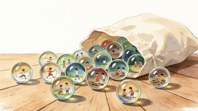 Warm Nostalgic Watercolor Illustration of Glass Marbles Holding Tiny Childhood Play Scenes Spilling from Canvas Sack onto Planked Wooden Surface