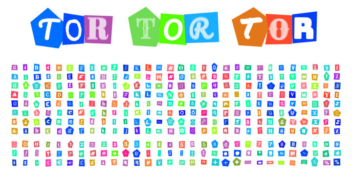 TOR TOR TOR Erpresserbrief Buchstaben Set, buntes Alphabet im Ransom Note Stil, ausgeschnittene Zeitungsbuchstaben fuer kreative Designs, Einladungen und Plakate