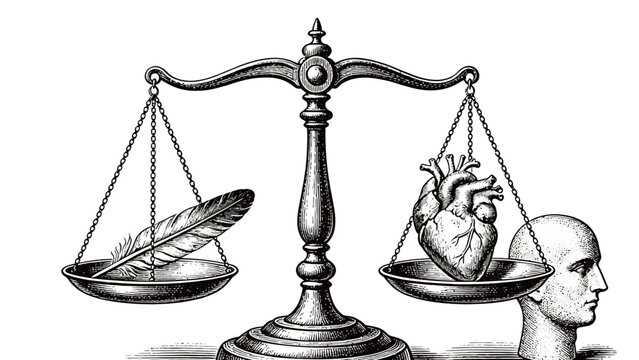 Vintage Engraved Allegorical Illustration of Balance Scale Weighing Anatomical Human Heart Against Feather, Symbolizing Moral Judgment and Purity