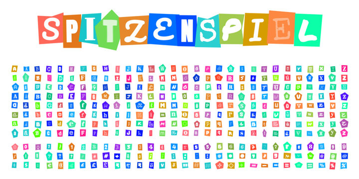 SPITZENSPIEL Erpresserbrief Buchstaben Set, buntes Alphabet im Ransom Note Stil, ausgeschnittene Zeitungsbuchstaben fuer kreative Designs und Collagen