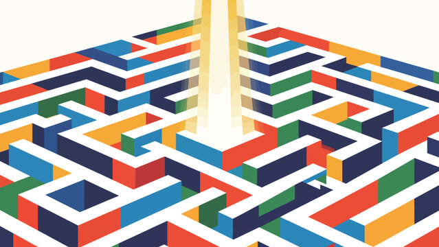 Isometric 3D Vector Illustration of a Vibrant Multicolored Block Maze, With a Bright Glowing Golden Light Pillar Marking Its Central Goal Point