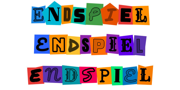 Endspiel Schriftzug im Erpresserbrief Stil, Collage aus ausgeschnittenen Buchstaben, kreative Typografie fuer Krimi, Thriller, Detektiv Geschichten, Plakatdesign und Buchcover Gestaltung