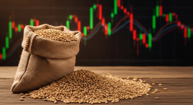 Wheat grains in a burlap sack on a wooden table with financial stock market trading charts in the background