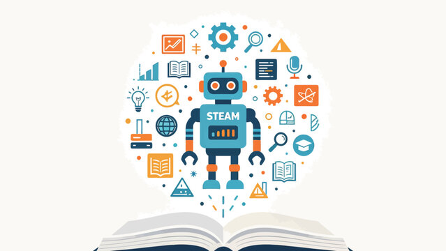 Friendly Retro STEAM Robot Emerging From Open Book, Surrounded By Science Technology Engineering Art Math Education Icons, Flat Vector Illustration
