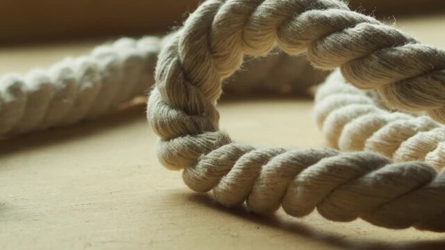 Macro slow-motion shot of a rope being placed on a table, suggesting preparation, examination, or potential evidence in a tense narrative.