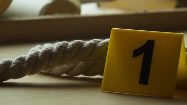 Close-up of a crime scene marker placed beside a rope, emphasizing careful evidence tagging and investigative precision.