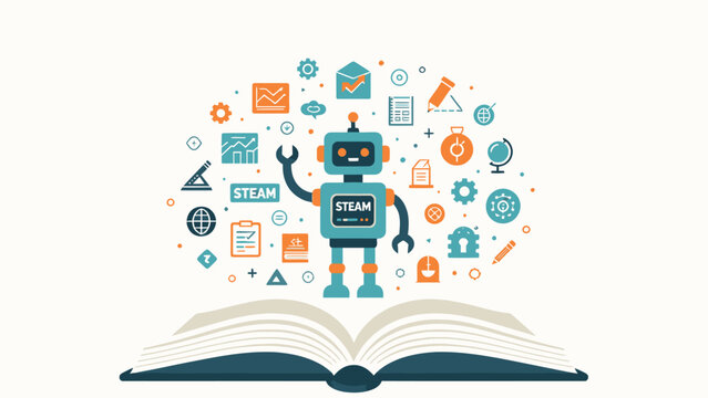 Flat Vector Illustration of Friendly STEAM Education Robot Emerging From Open Book, Surrounded By Interdisciplinary Science Technology Art Math Learning Icons