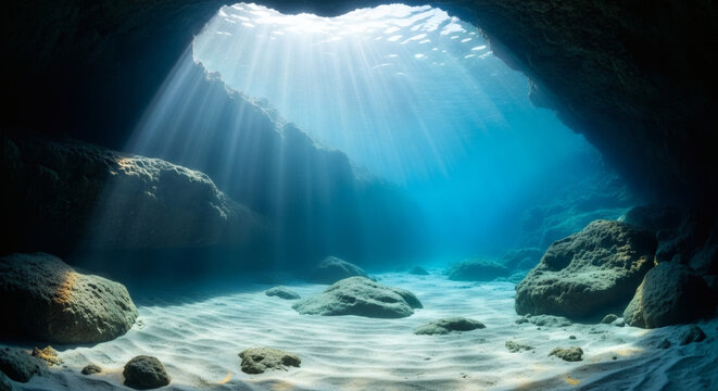 Underwater cave with bright sun rays streaming through the surface opening into the deep blue ocean rocky sea floor