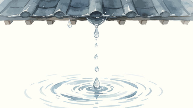Serene Minimalist Watercolor Illustration of Rain Droplets Dripping From Curved Traditional Roof Tiles Onto Rippling Calm Standing Water