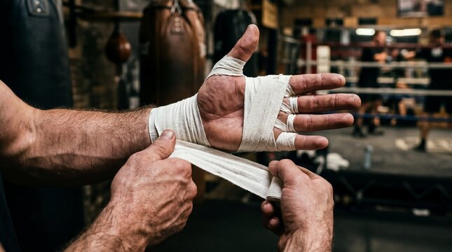 Close up of an athlete's hands wrapping white athletic tape tightly around their knuckles and wrists, blurred background of an underground boxing gym, gritty authentic sports preparation and...