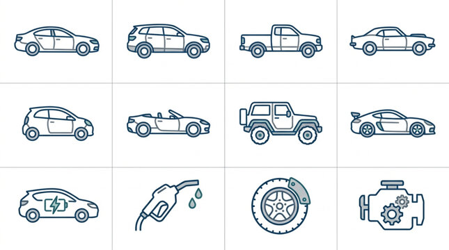 Collection of various car types and automotive parts icons.