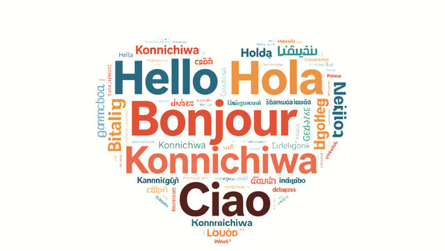 Word Cloud Art Featuring International Hello Greetings in Multiple World Languages, Warm Muted Color Palette, Clean White Background, Soft Rounded Text Arrangement