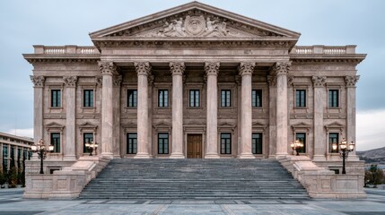 Fototapeta premium Neoclassical commercial building featuring grand columns and a pediment, showcasing classical architectural elements in an urban business environment.