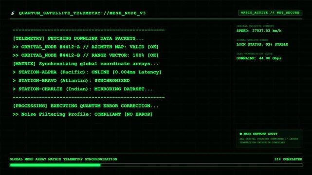Quantum Satellite Telemetry Terminal Screen Showing Mesh Node Optimization Status Log and Global Matrix Synchronization Progress.