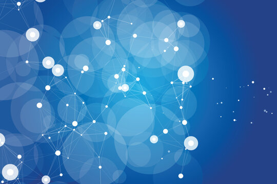White interconnected dots and lines forming a network on a blue gradient background, with bokeh circles