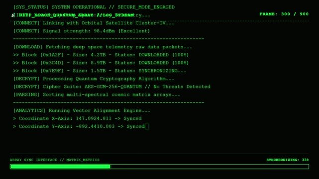 Deep Space Quantum Array Sync Interface Displaying Core Processor Efficiency Metrics and Data Matrix Injection Progress Log.
