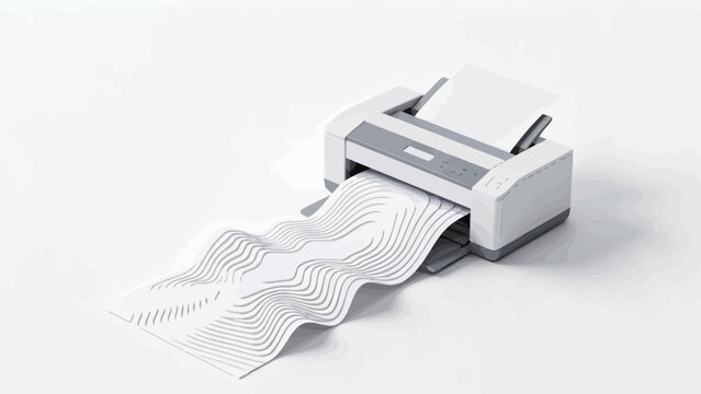 Surreal Minimalist 3D Render of a Desktop Printer Outputting Layered Wavy Topographical Contour Paper Art on Plain White Studio Background