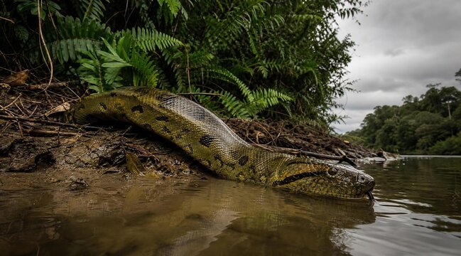 Giant Green Anaconda Snake Slithering into Amazon River Water