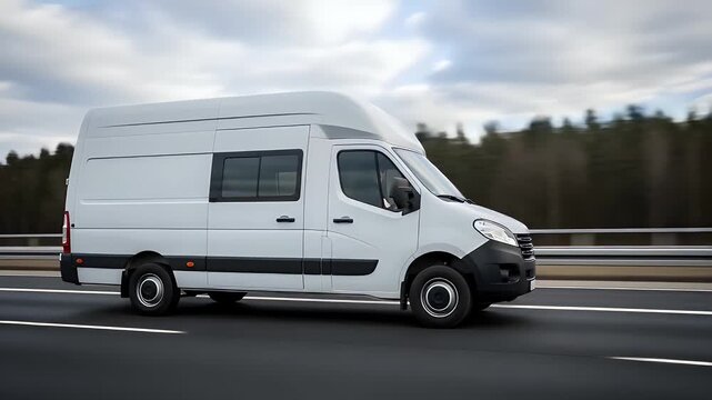 A white high-roof cargo van driving on a highway with a blurred background of trees under a cloudy sky