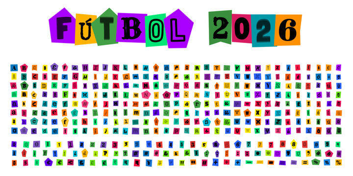 FUTBOL 2026 letras estilo recorte de revista para diseno deportivo, alfabeto completo con numeros y simbolos para carteles de eventos
